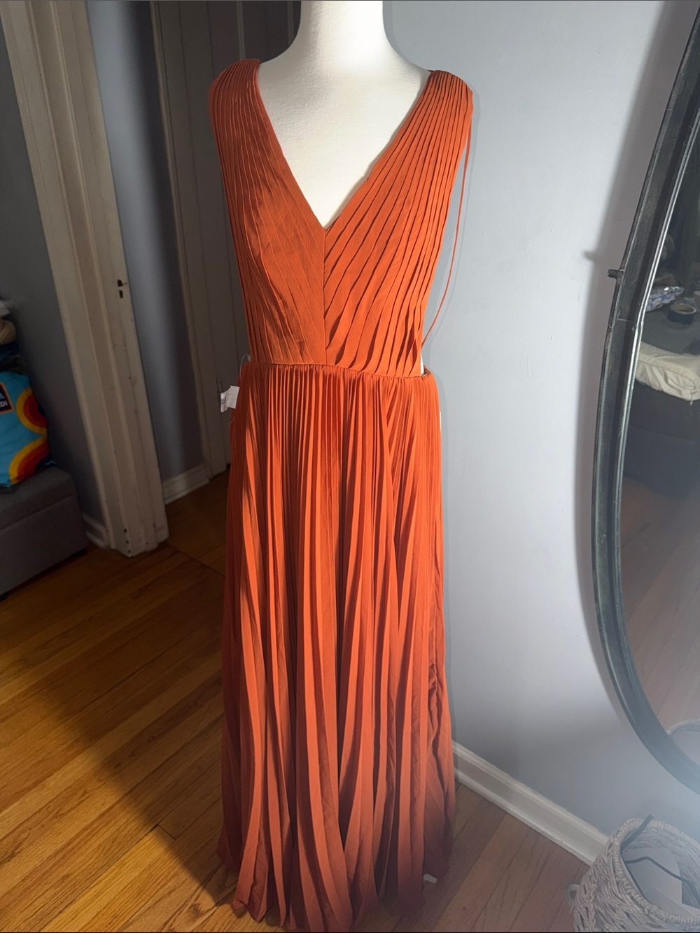 Fame and Partners Rust Orange Pleated V-Neck Maxi Dress